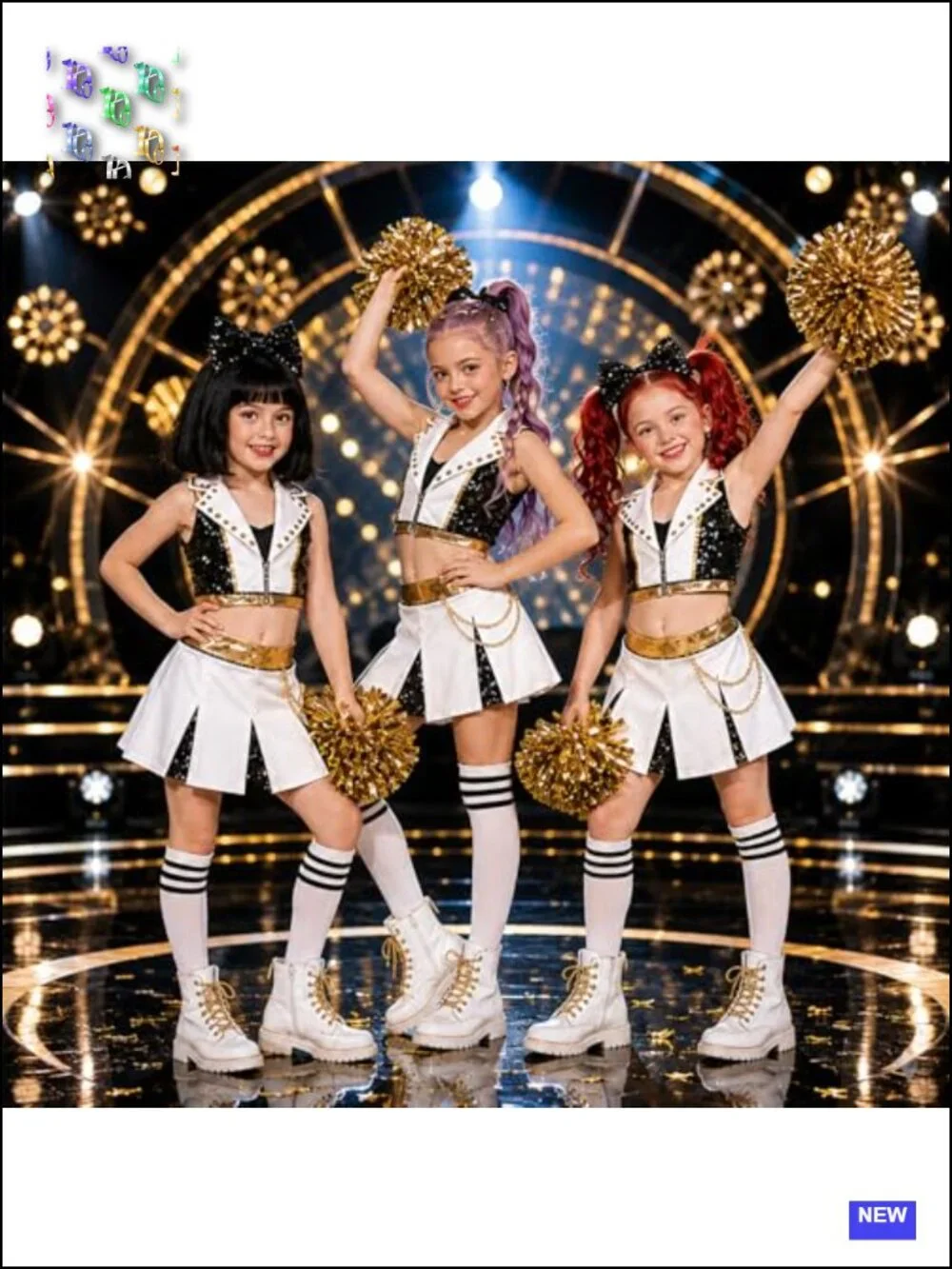 Girls Cheerleader Costume Sequin Crop Top Skirt with Pom Poms Headband Socks